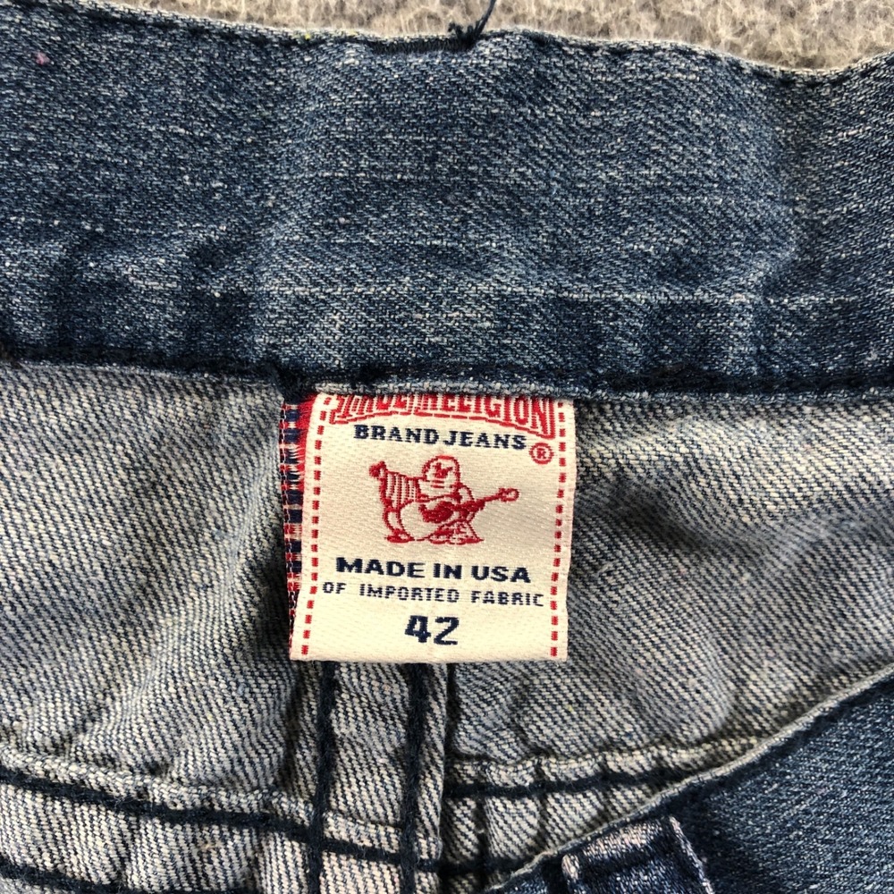 Vintage True Religion Jeans Mens 42x34 Blue Y2K Straight Skull Patch Made In USA - Picture 9 of 15